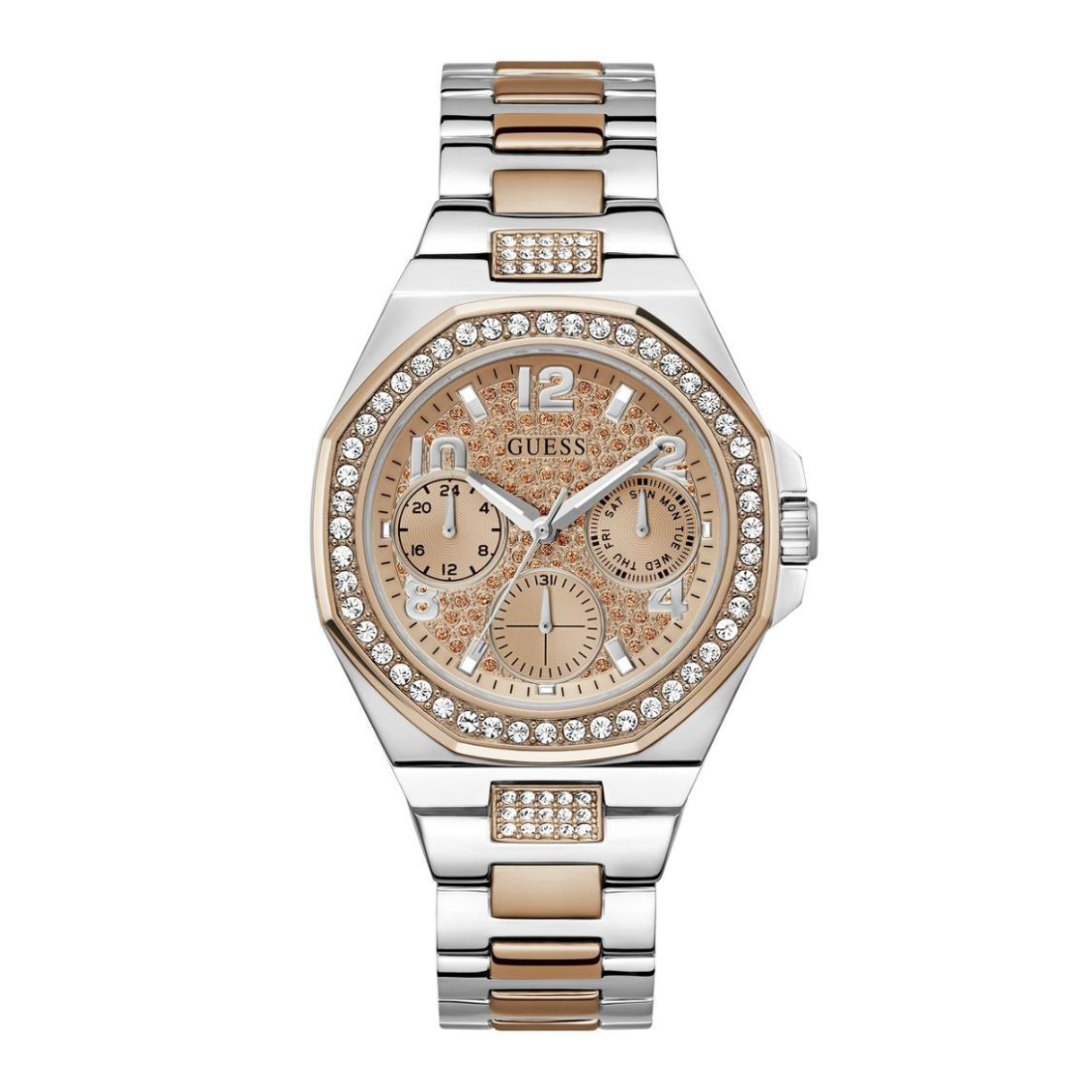 Guess watch with silver and rose gold band on a white background