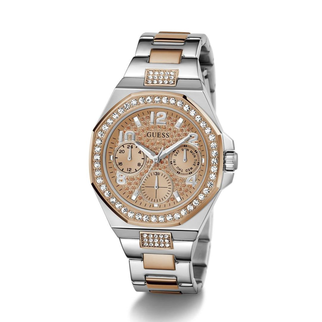 Two-tone watch with rose gold and silver band on a white background