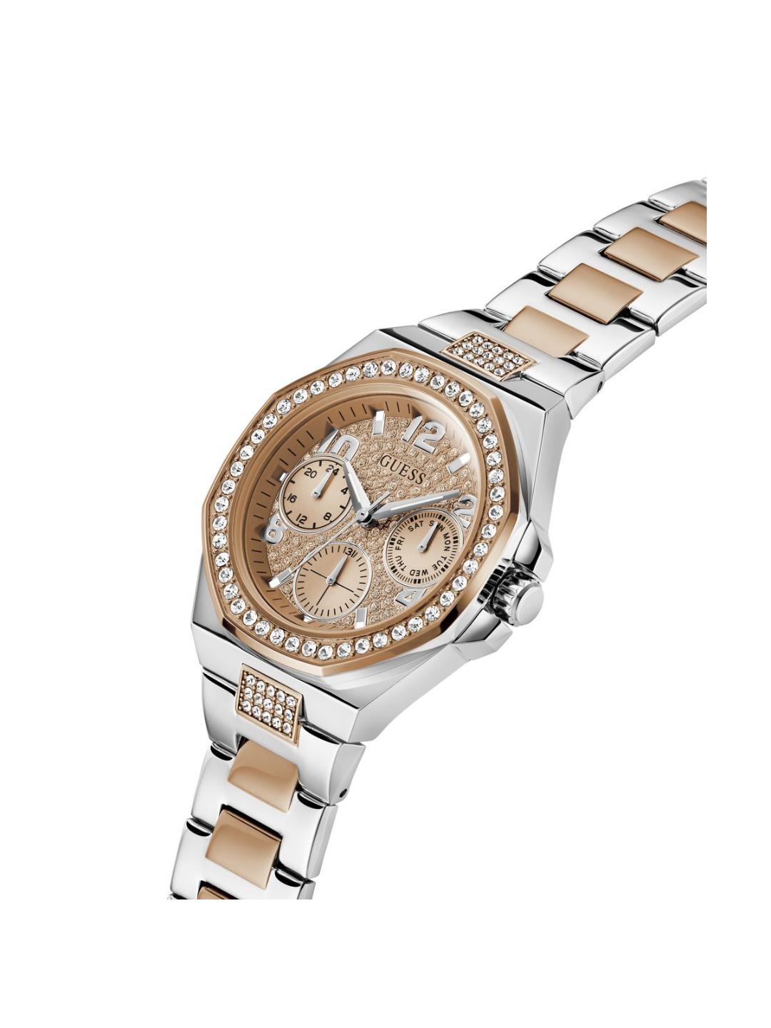 Silver and rose gold watch with a white background
