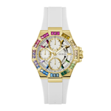 Gold watch with colorful gemstones and a white strap on a white background