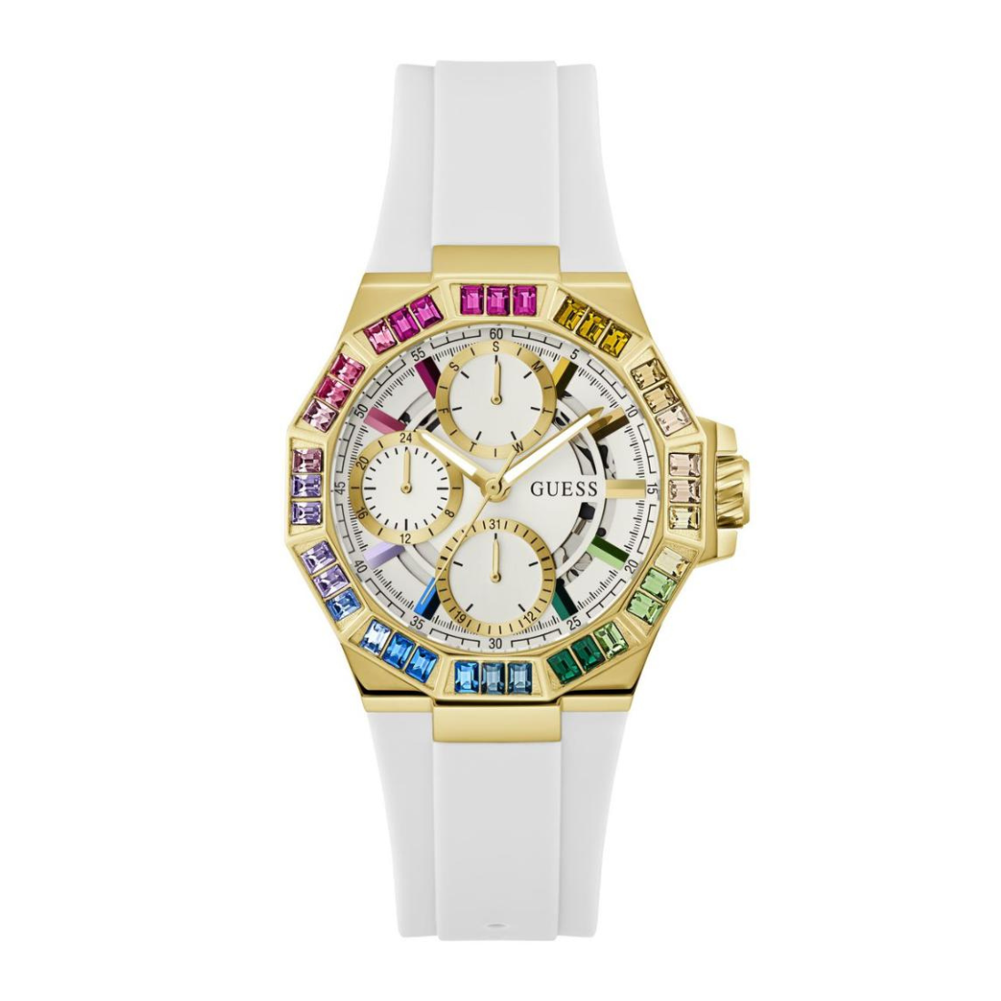 Gold watch with colorful gemstones and a white strap on a white background