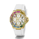 Gold and white watch with gemstone accents on a white background