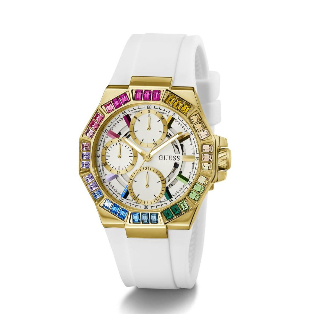 Gold and white watch with gemstone accents on a white background