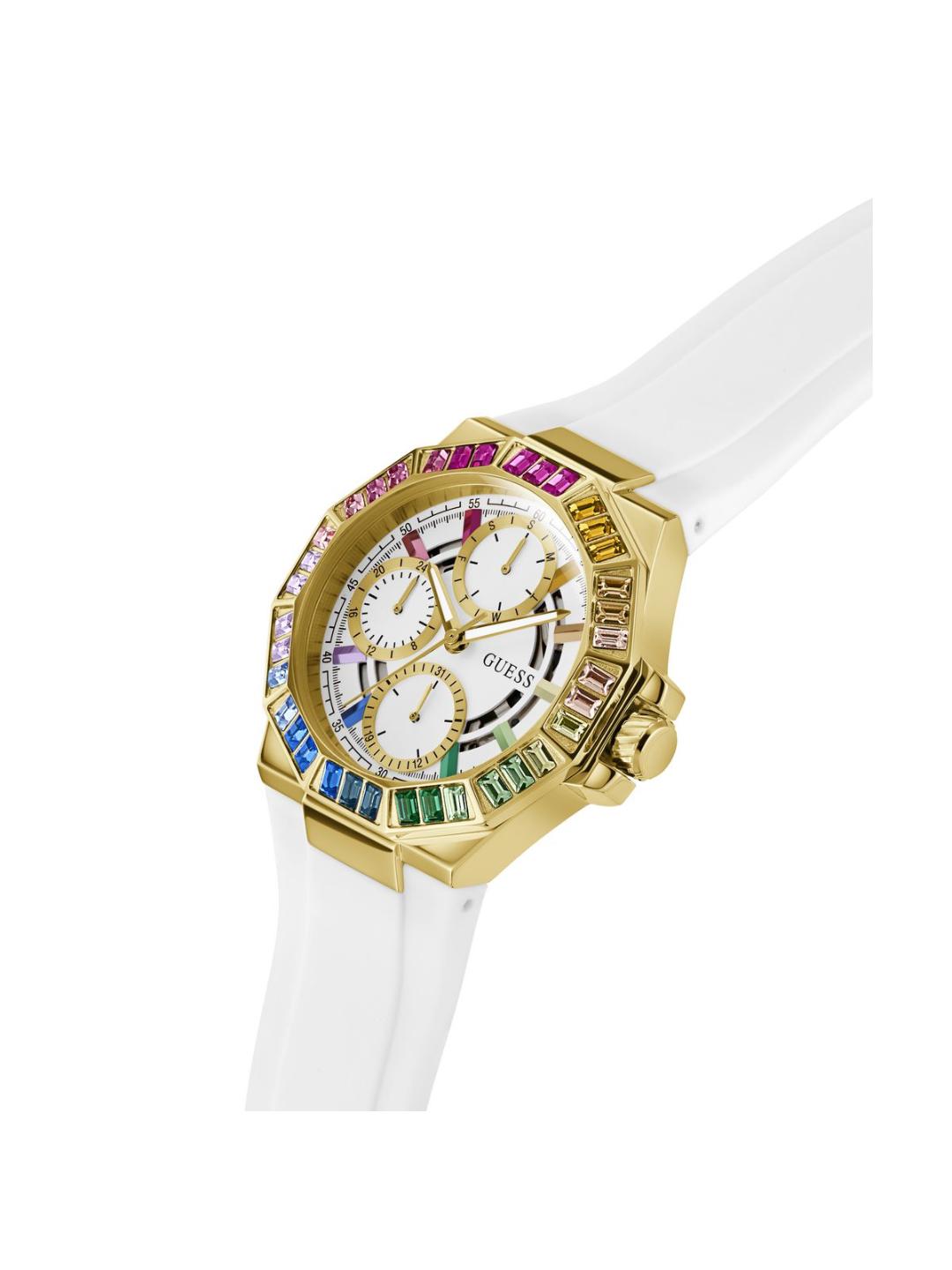 Gold watch with gemstone accents on a white strap
