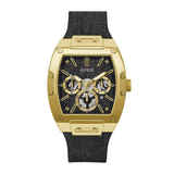 Gold watch with black strap on a white background