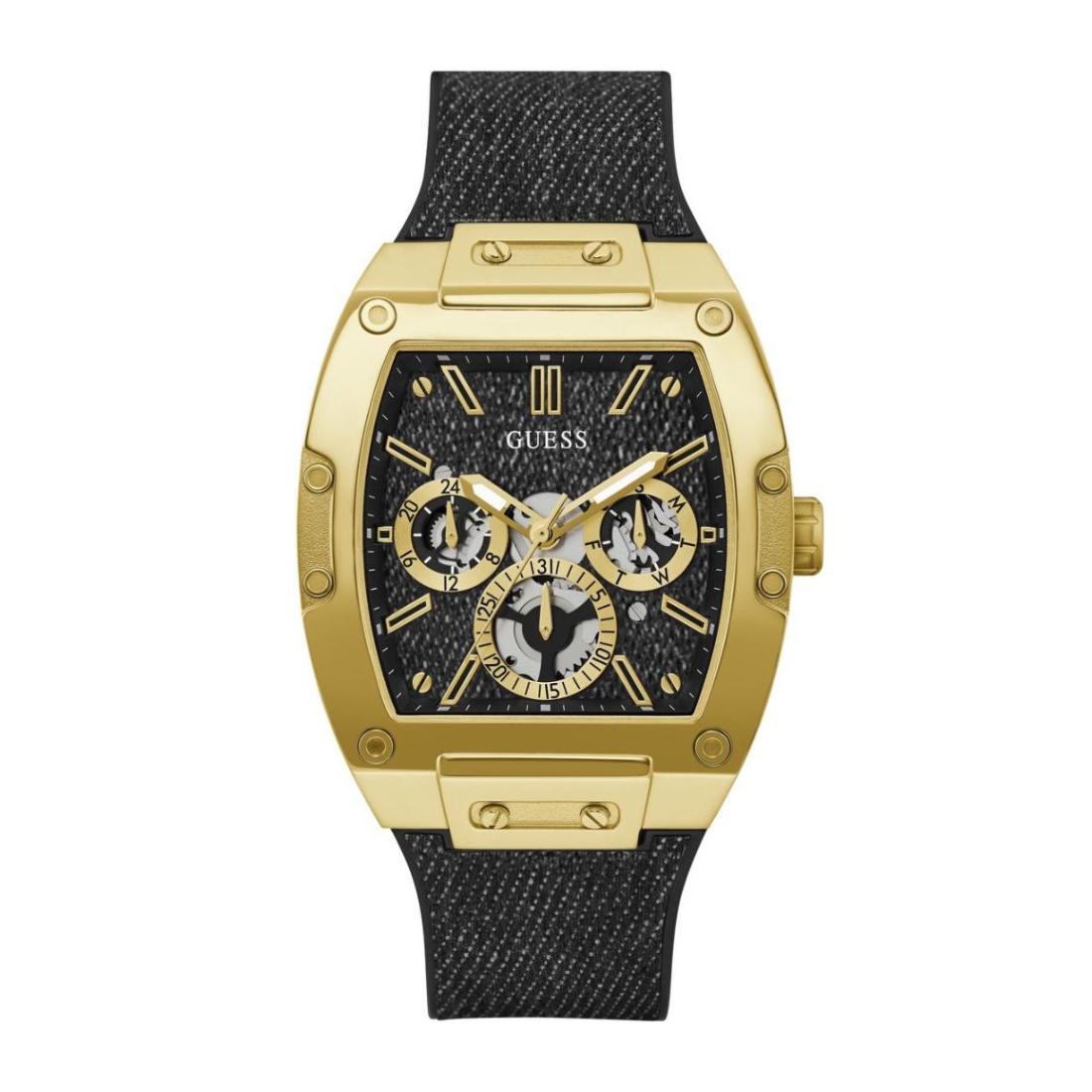 Gold watch with black strap on a white background