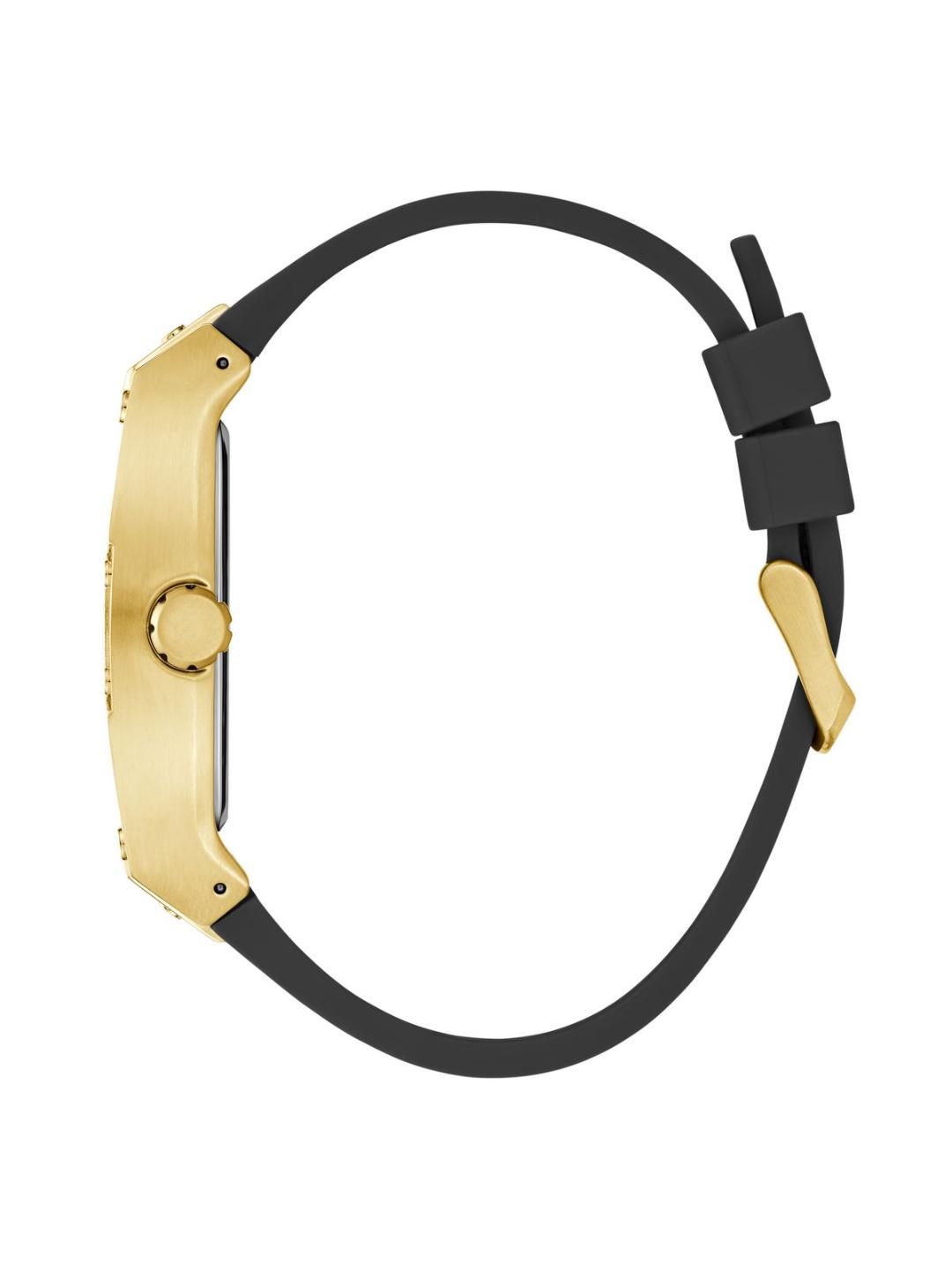 Gold watch with black strap on a white background