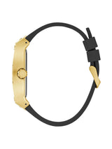 Gold watch with black strap on a white background
