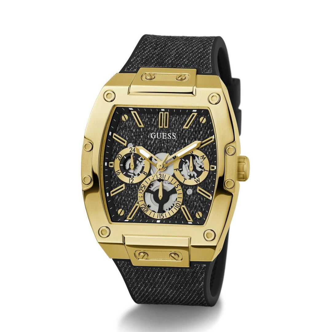 Gold and black watch with visible brand logo on a white background
