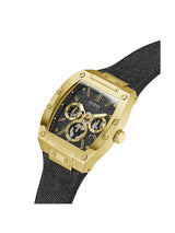 Luxury watch with gold case and black strap on a white background