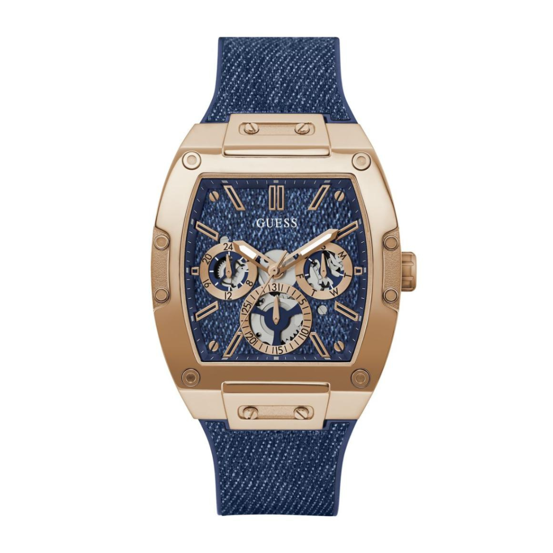 Gold and blue watch with a white background