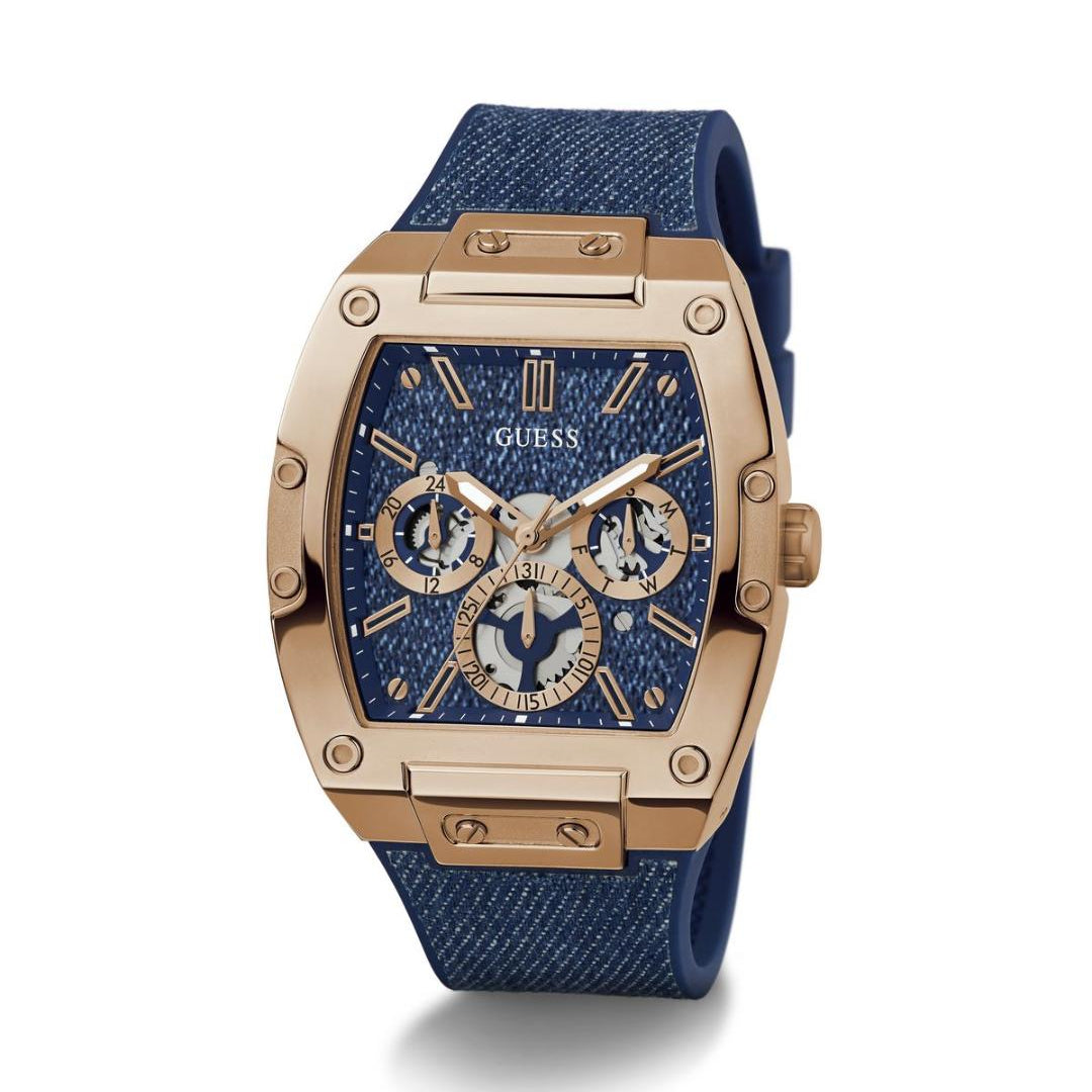 Blue watch with rose gold case on a white background