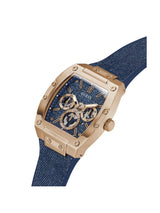 Luxury watch with blue strap and rose gold case on a white background