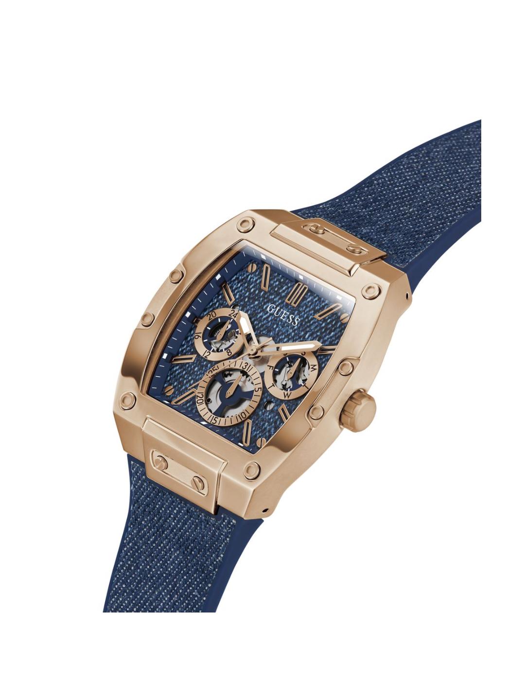 Luxury watch with blue strap and rose gold case on a white background