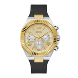 Gold and silver watch with black strap on a white background