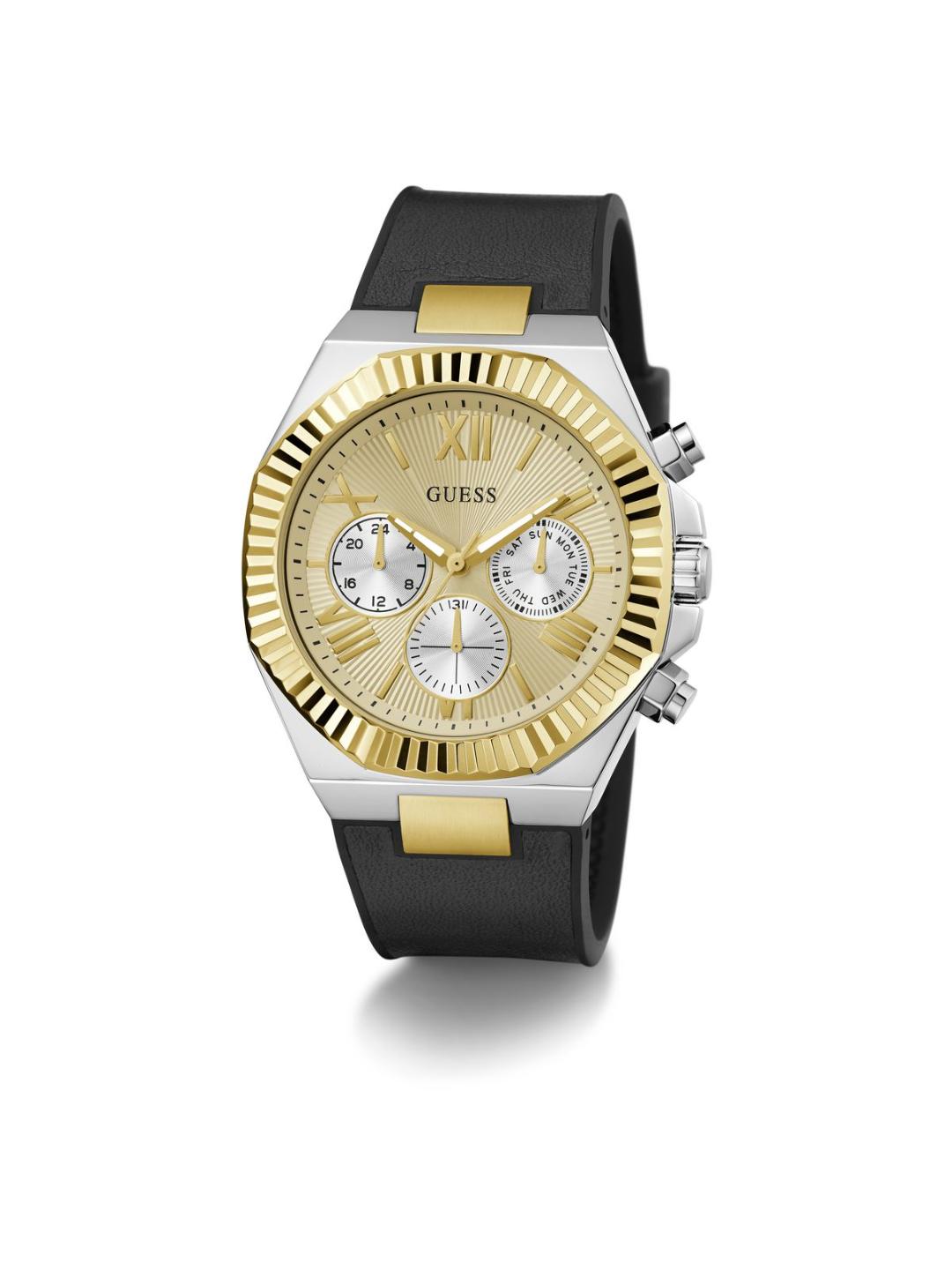 Gold and black watch with a white background