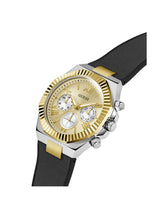 Gold and black watch with a white background