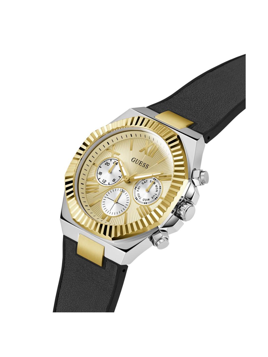 Gold and black watch with a white background