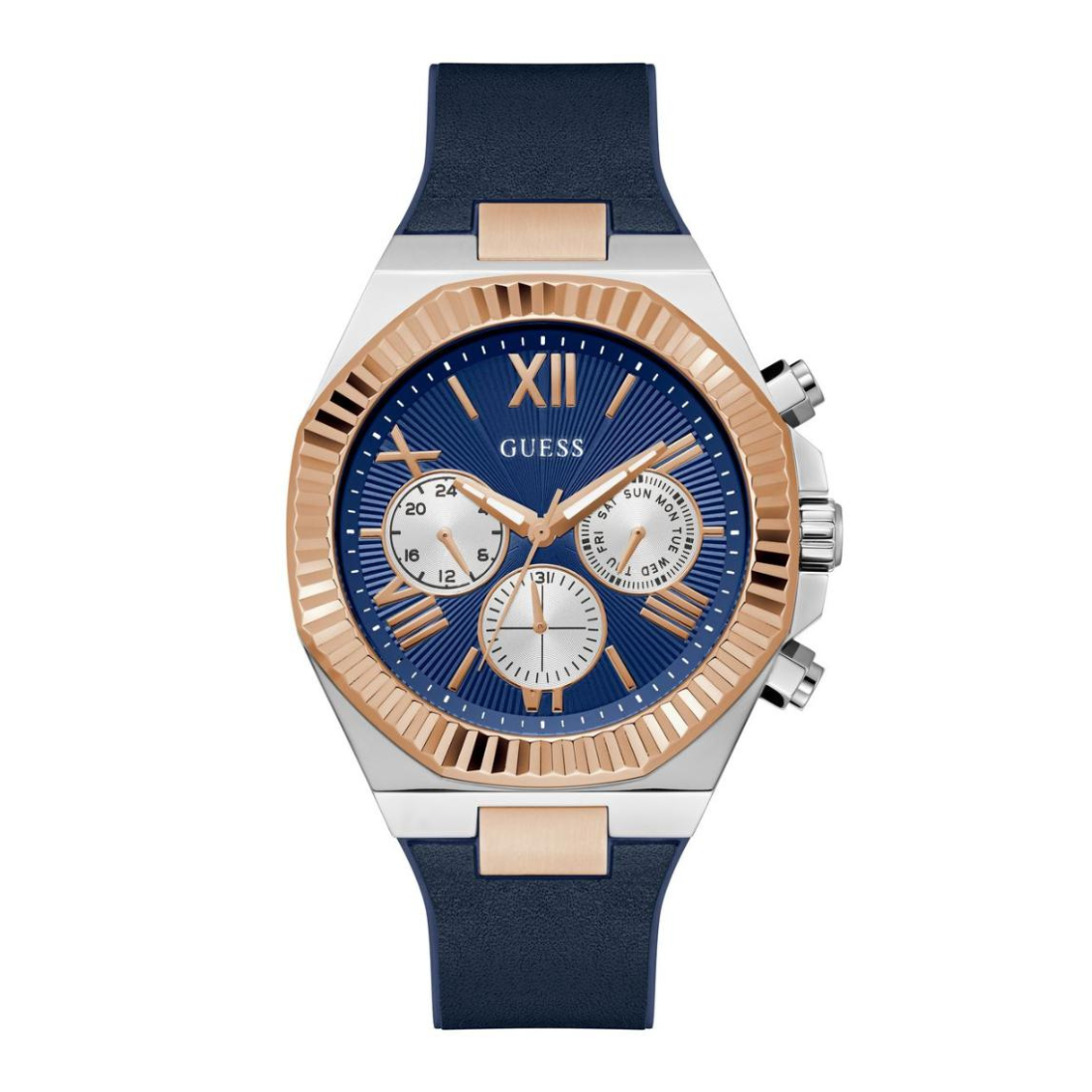 GUESS watch with blue strap and rose gold accents on a white background