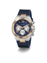 Blue watch with gold accents on a white background