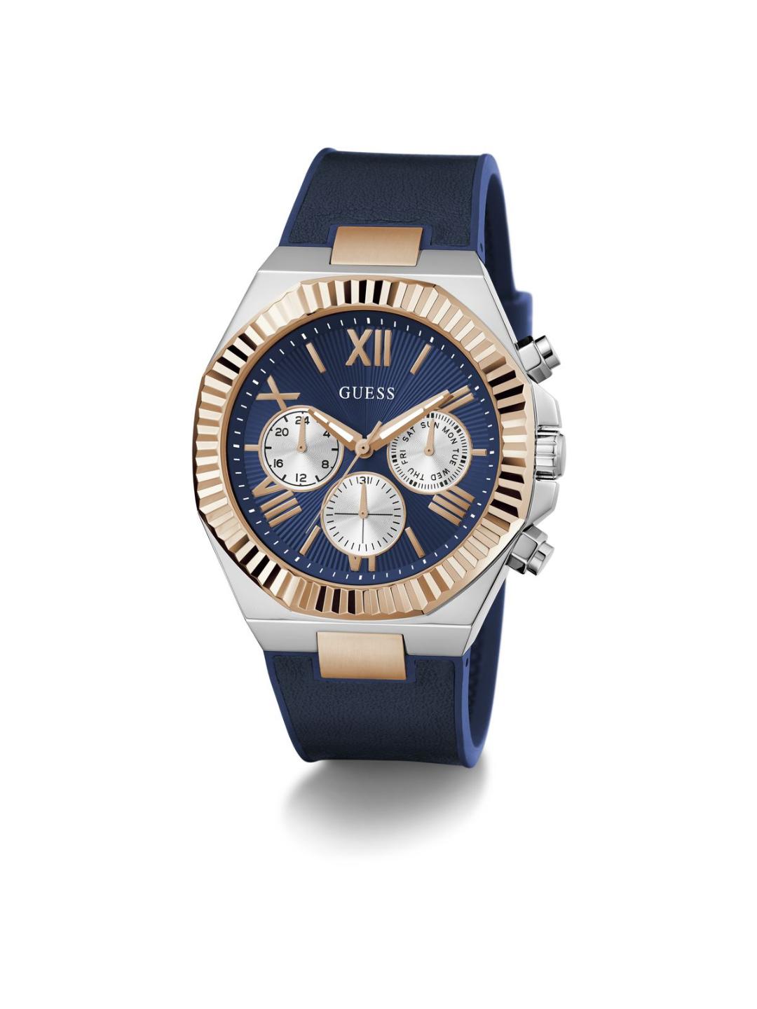 Blue watch with gold accents on a white background