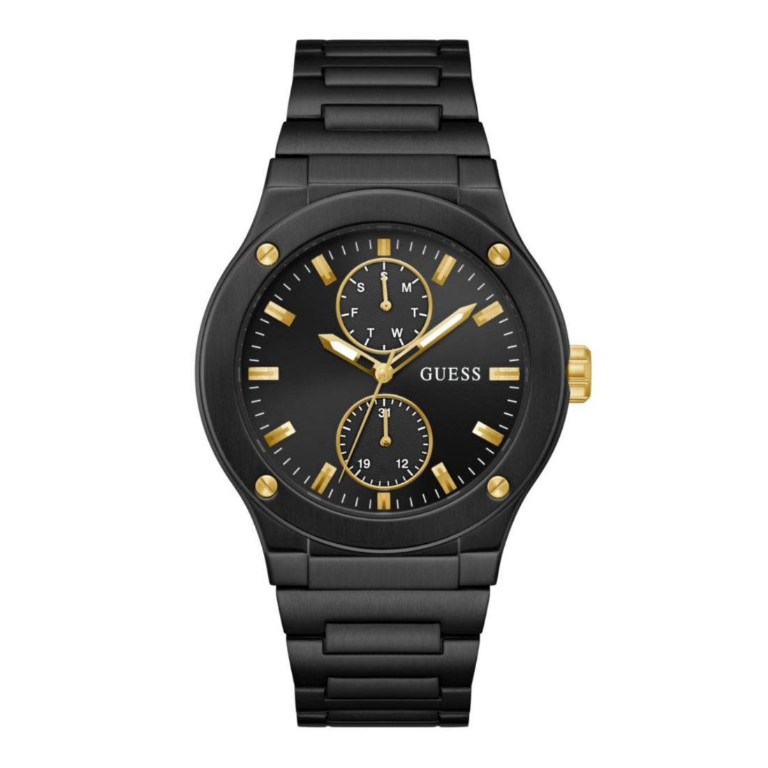 A GUESS men's analog watch with a black stainless steel case and integrated link bracelet, featuring a black dial with gold-tone hands, indices, and crown.