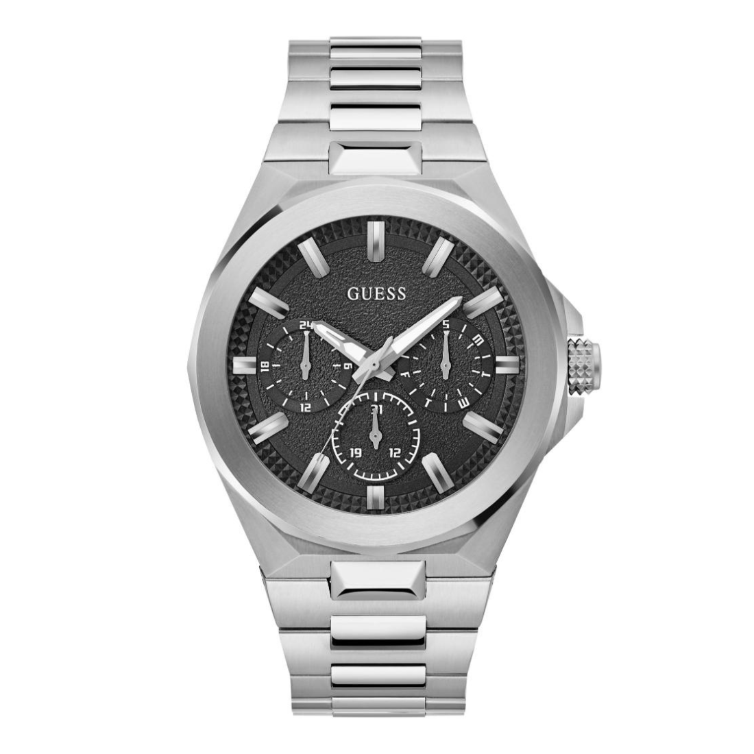 Silver watch with black dial on a white background