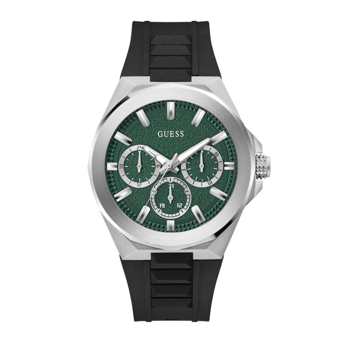 Watch with green face and black strap on a white background
