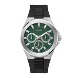 Watch with green face and black strap on a white background