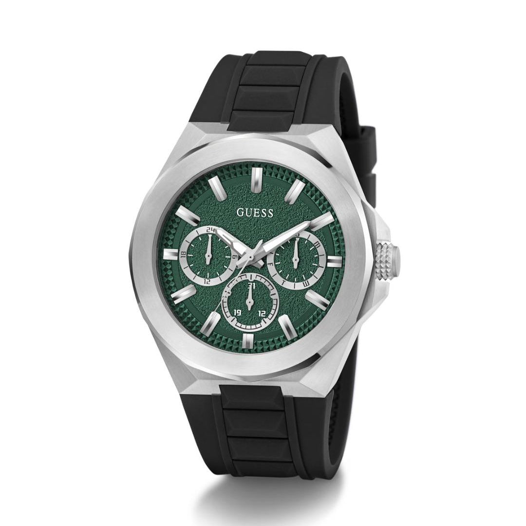 Guess watch with green dial and black strap on a white background