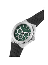 Watch with green dial and black strap on a white background