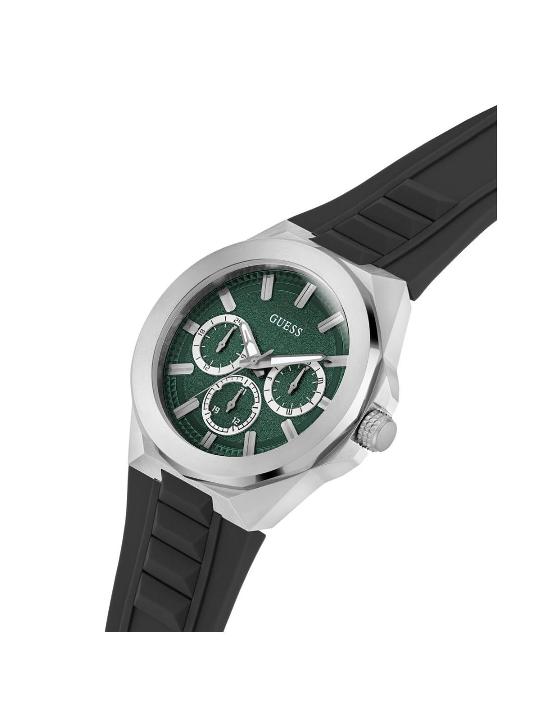 Watch with green dial and black strap on a white background