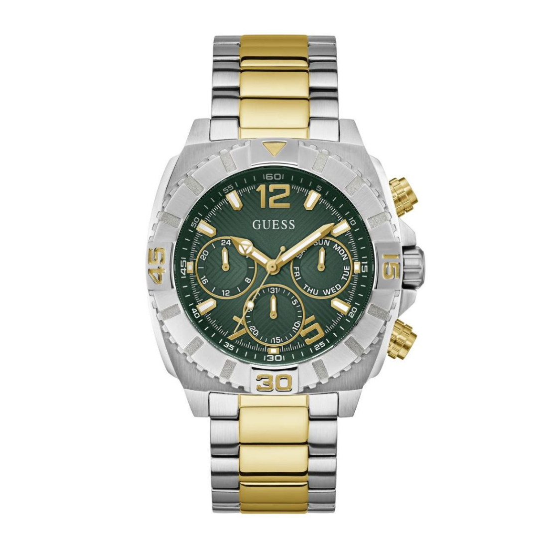 Two-tone silver and gold watch with green dial on a white background