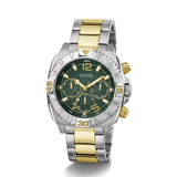 Two-tone watch with green face and gold accents on a white background