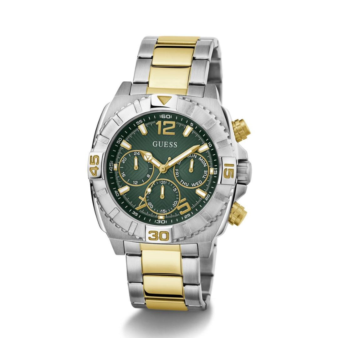 Two-tone watch with green face and gold accents on a white background