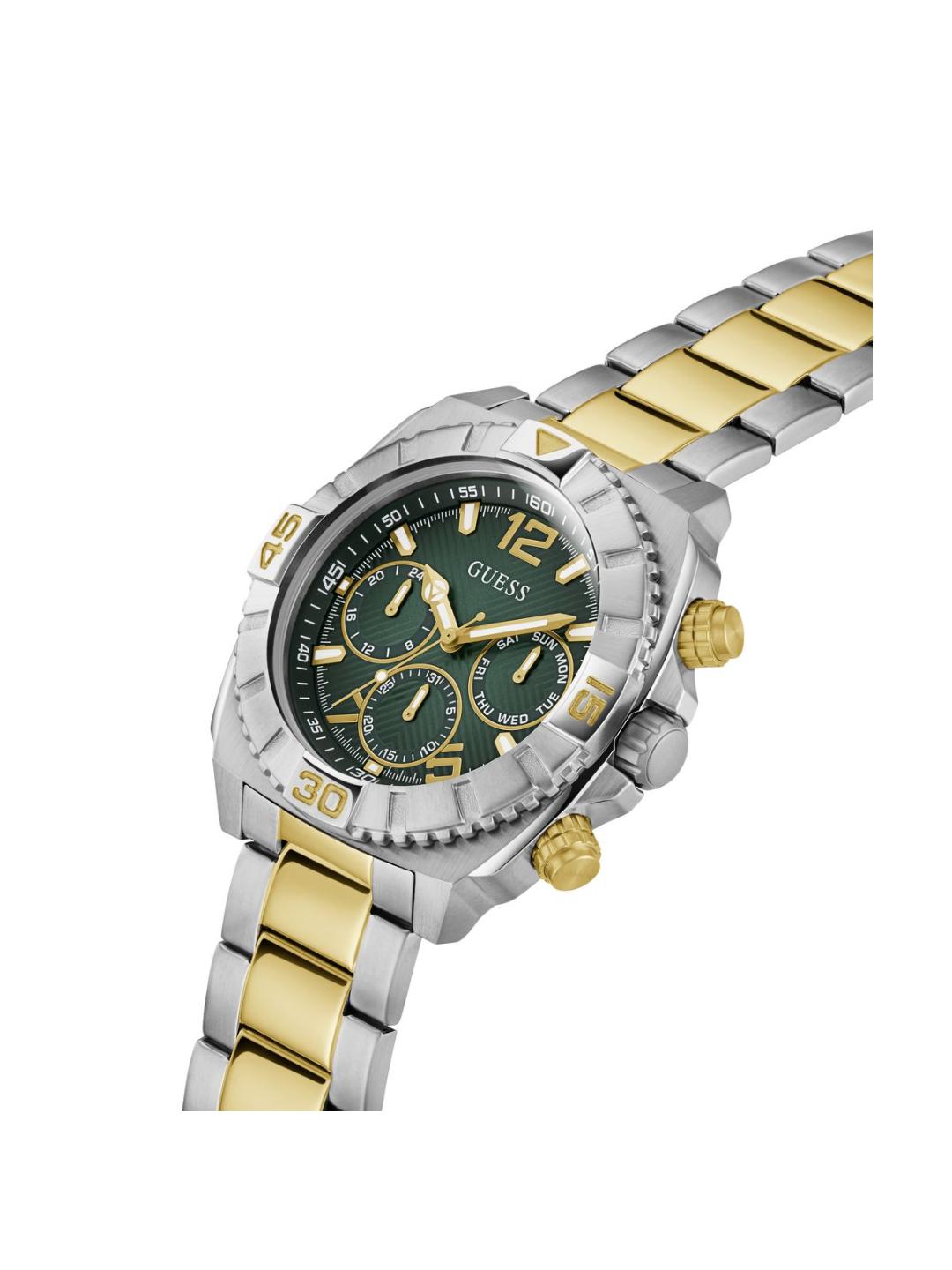 Two-tone watch with green face and gold accents on a white background