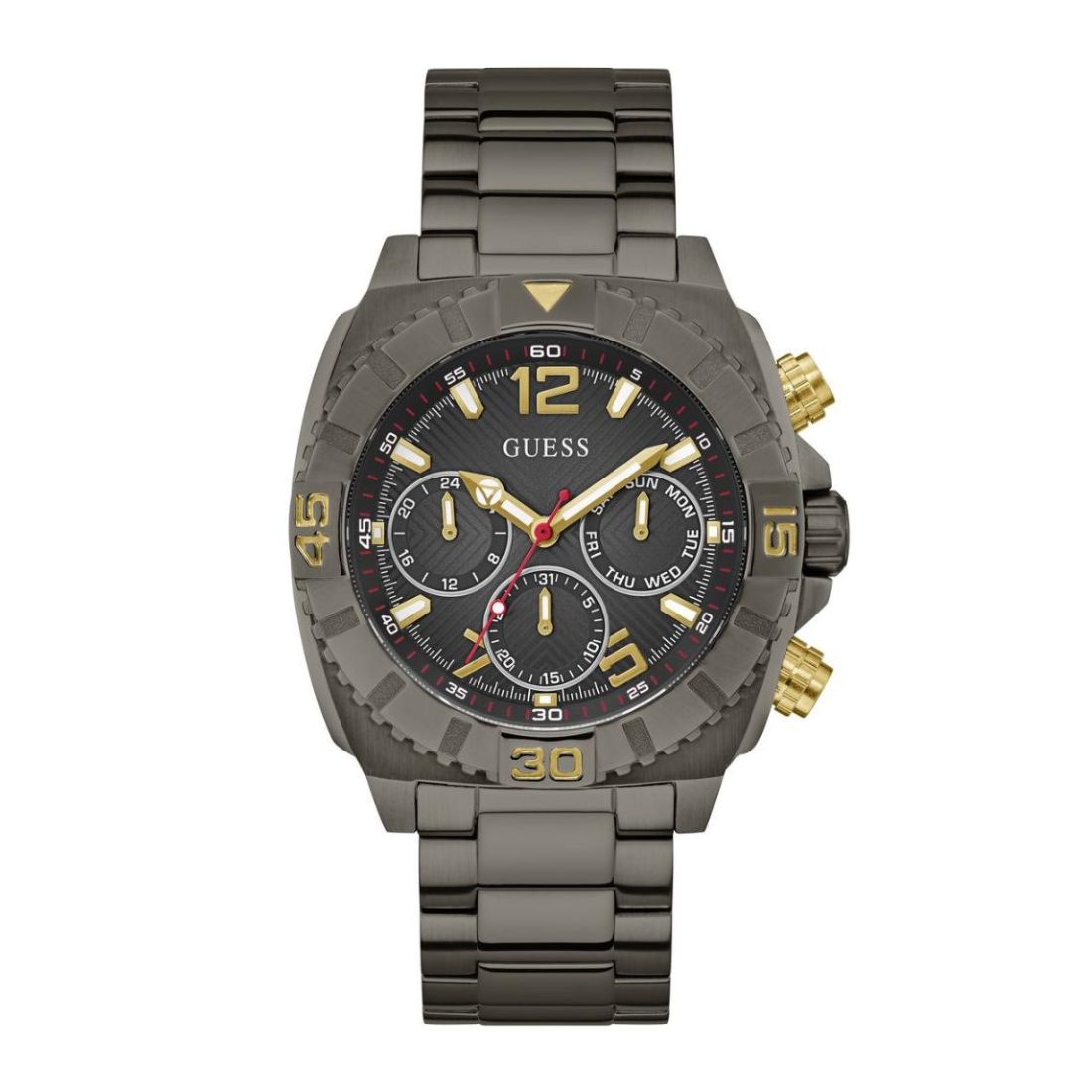 Gray Guess watch with detailed face on a white background