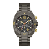 Gray Guess watch with detailed face on a white background