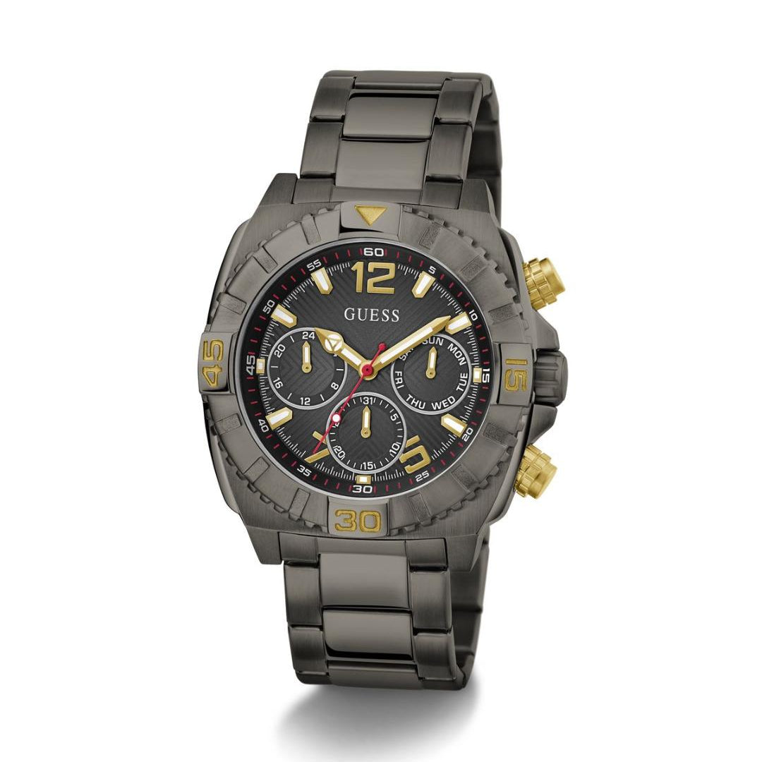Black and gold watch with visible brand logo on a white background