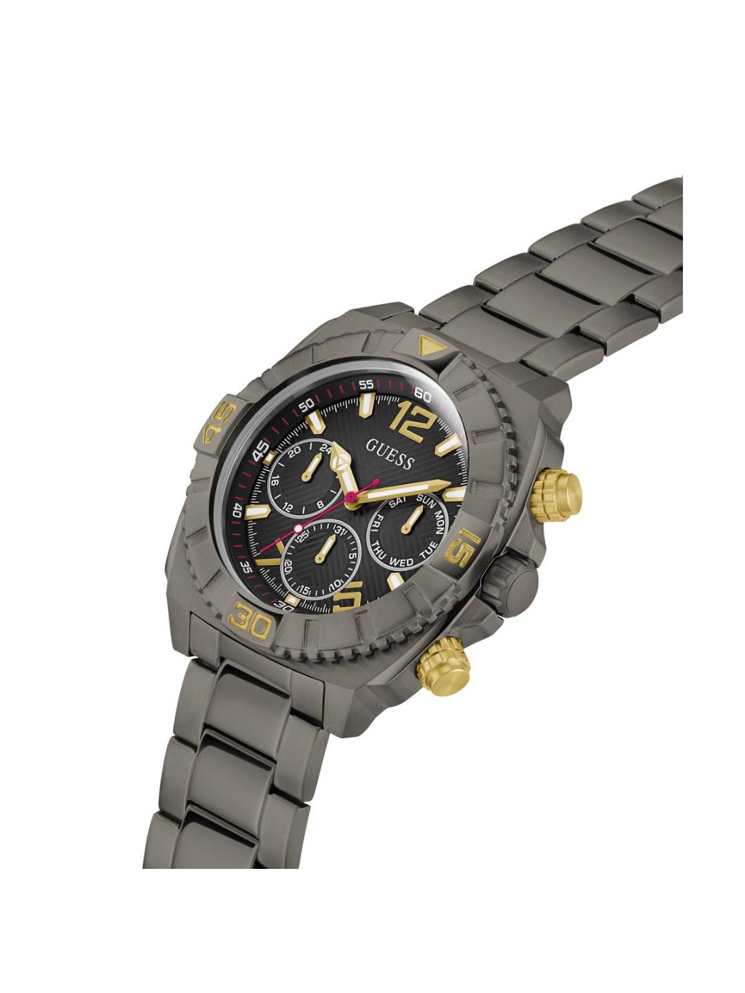 Gray metal watch with gold accents on a white background