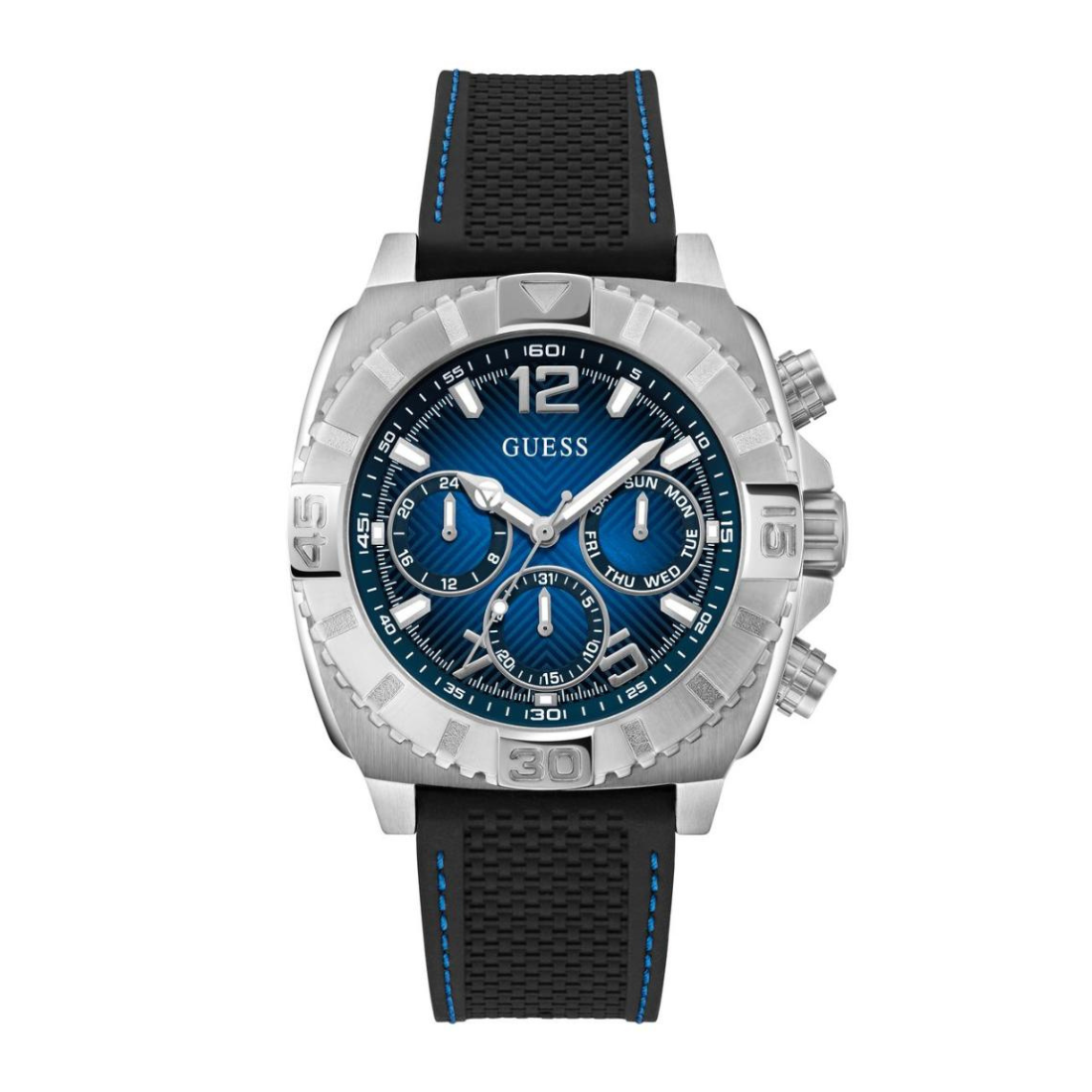 Guess watch with blue face and black strap on a white background