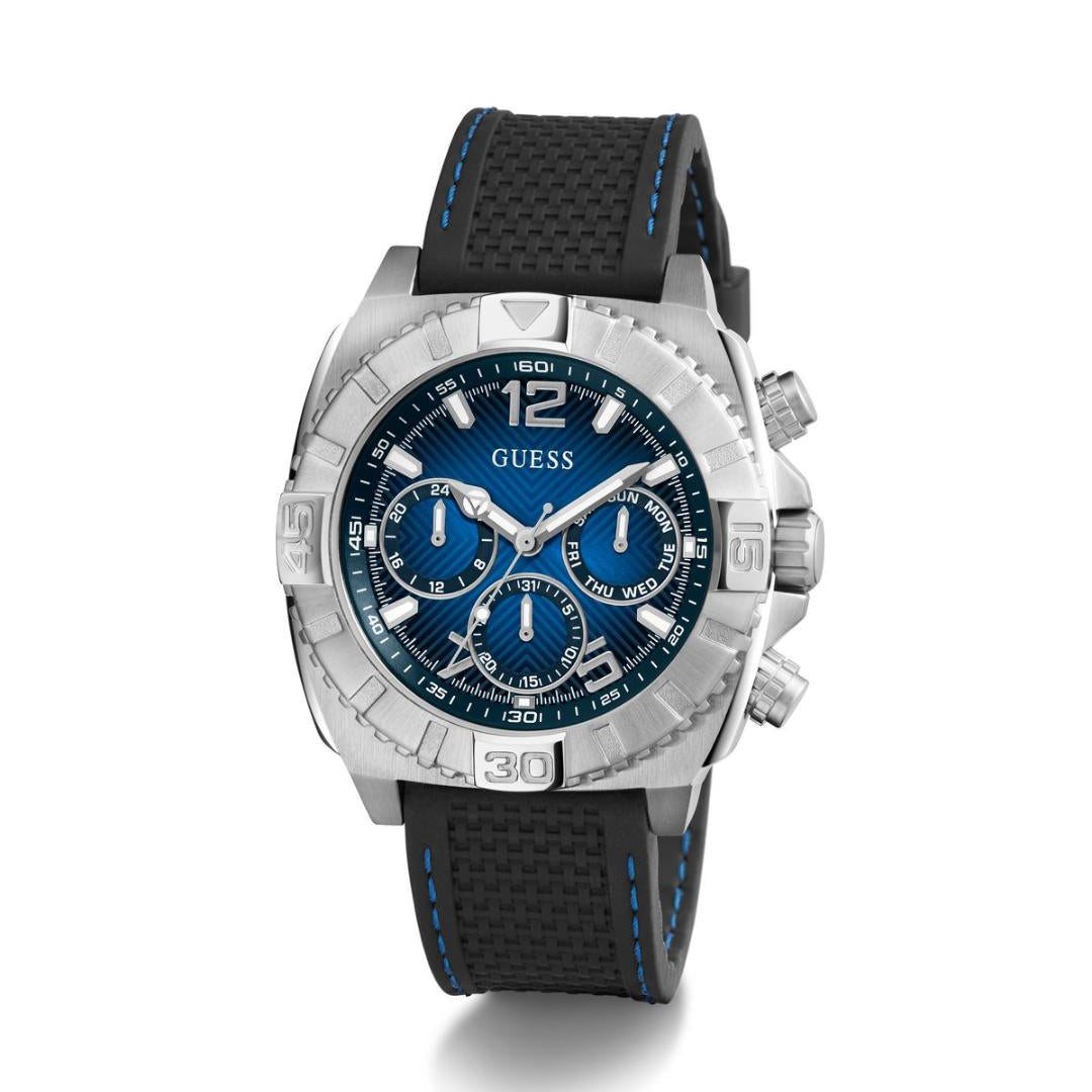 Guess watch with blue face and black strap on a white background