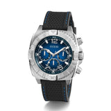 Guess watch with blue face and black strap on a white background
