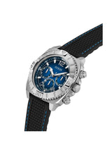 Guess watch with black strap and blue accents on a white background