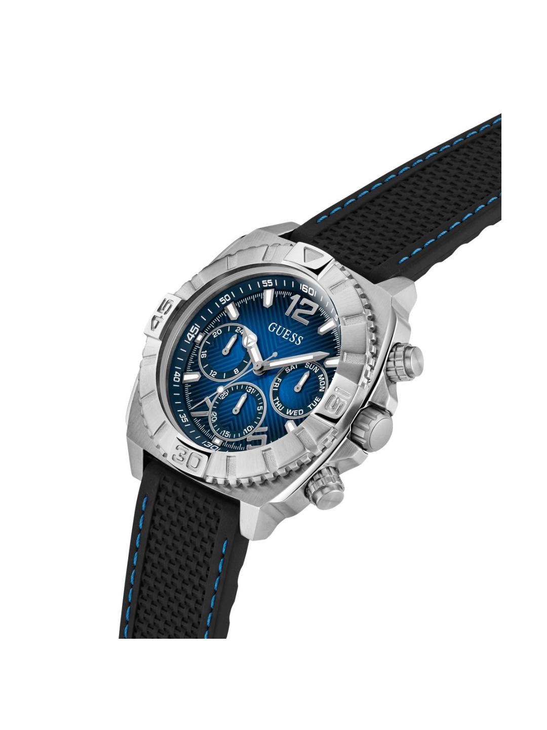 Guess watch with black strap and blue accents on a white background