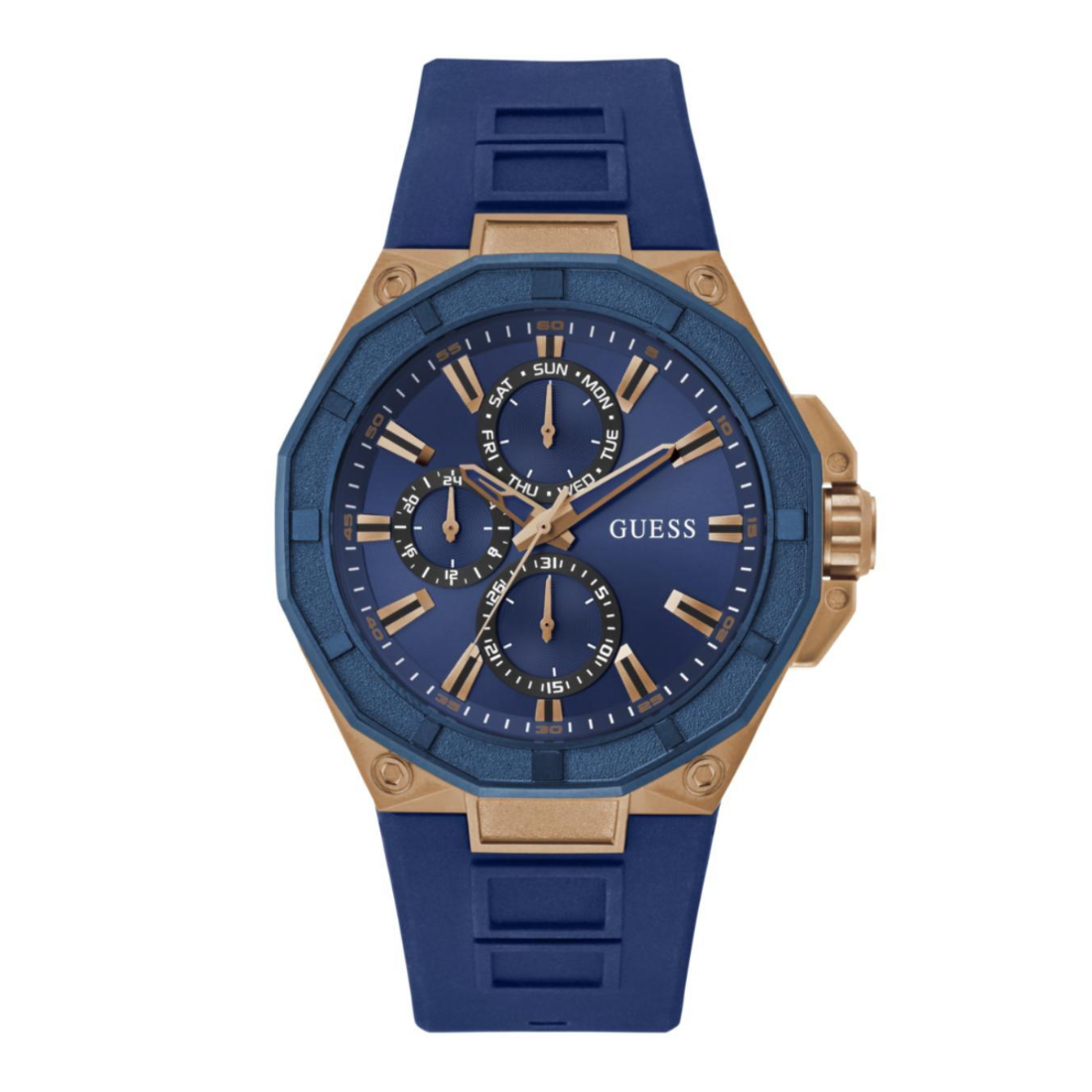 A GUESS men's watch featuring a blue silicone strap, a blue dial with gold-tone hands and markers, and a gold-tone case with a textured bezel.