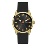 Black and gold watch with a black strap on a white background