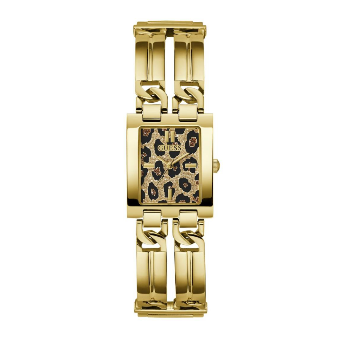 Gold watch with leopard print face on a white background