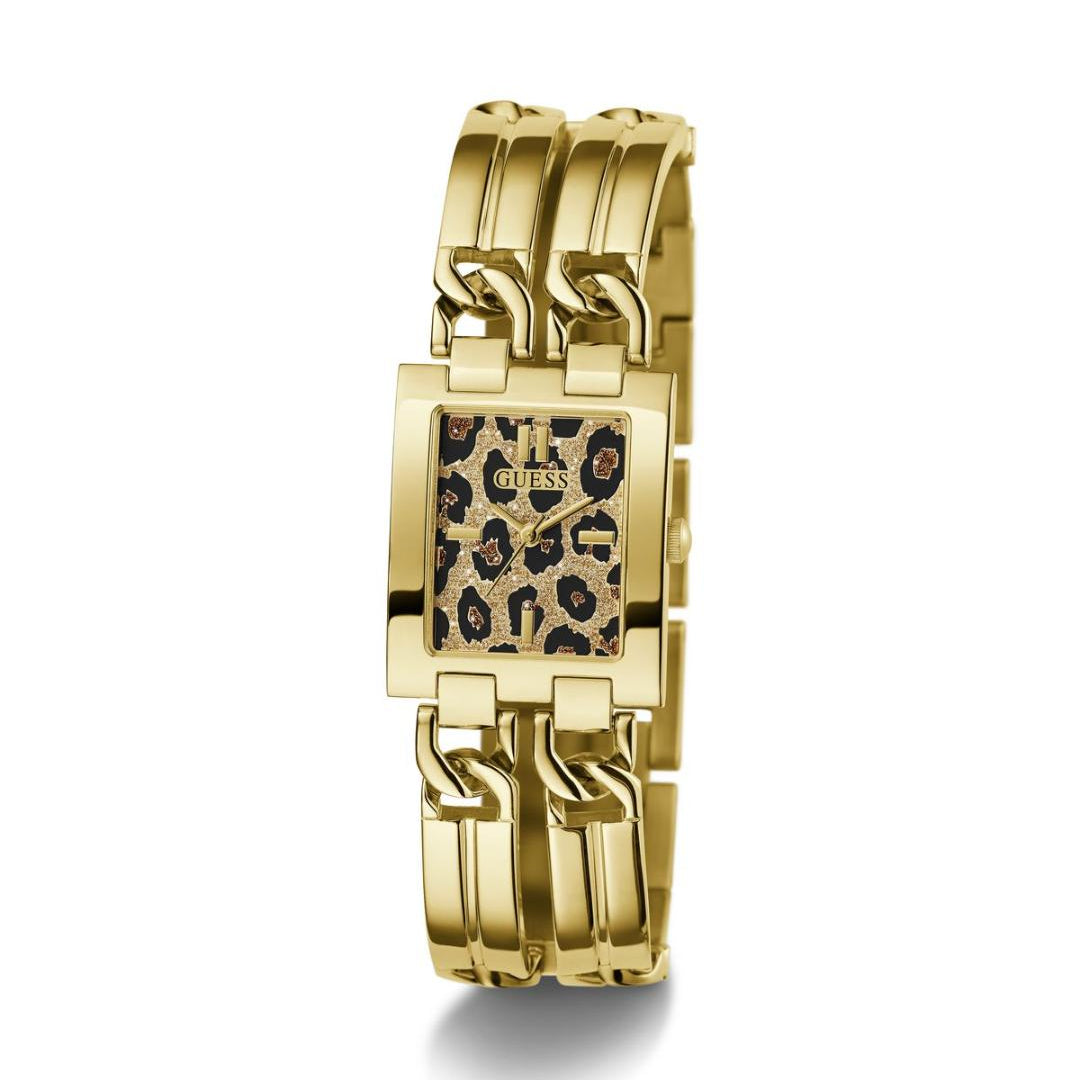 Gold bracelet with a leopard print face on a white background