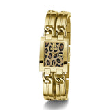 Gold bracelet with a leopard print face on a white background